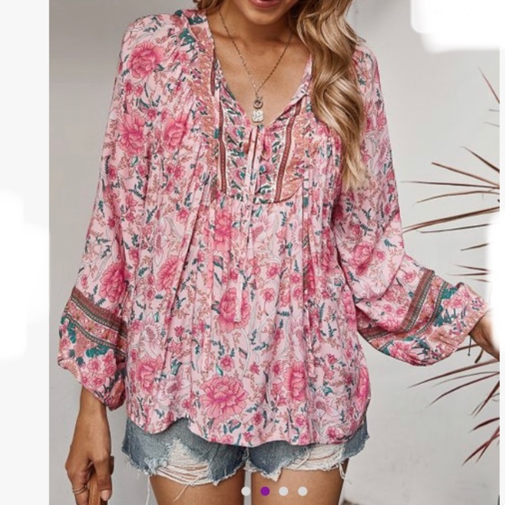 Boho Floral Pink Peasant Blouse